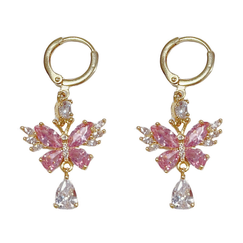 14K Gold-Plated Pink Butterfly Drop Earrings – Sparkling Design
