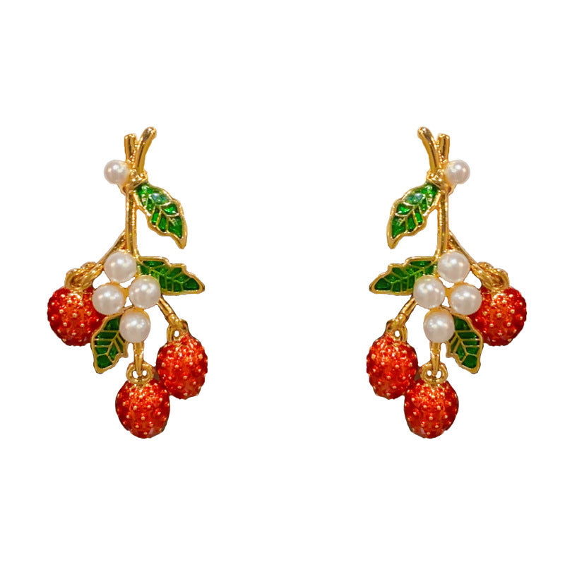 Elegant Leaf Pearl & Red Fruit Drop Gold Earrings – Geometric Design
