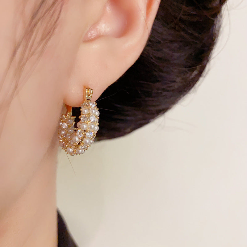 Elegant Full-Zircon Pearl U-Shaped Earrings – Silver Needle Geometric