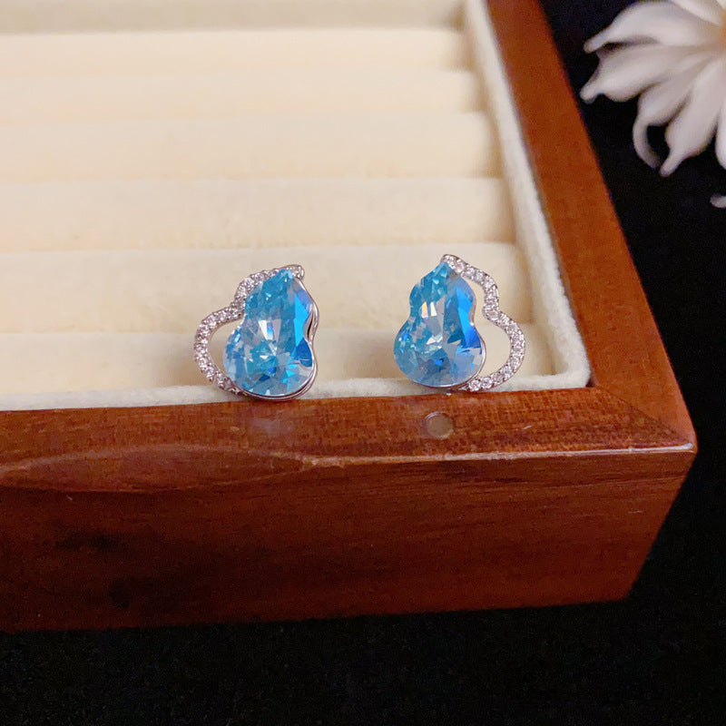 Elegant Full-Zircon Crystal Gourd Stud Earrings – Floral Design