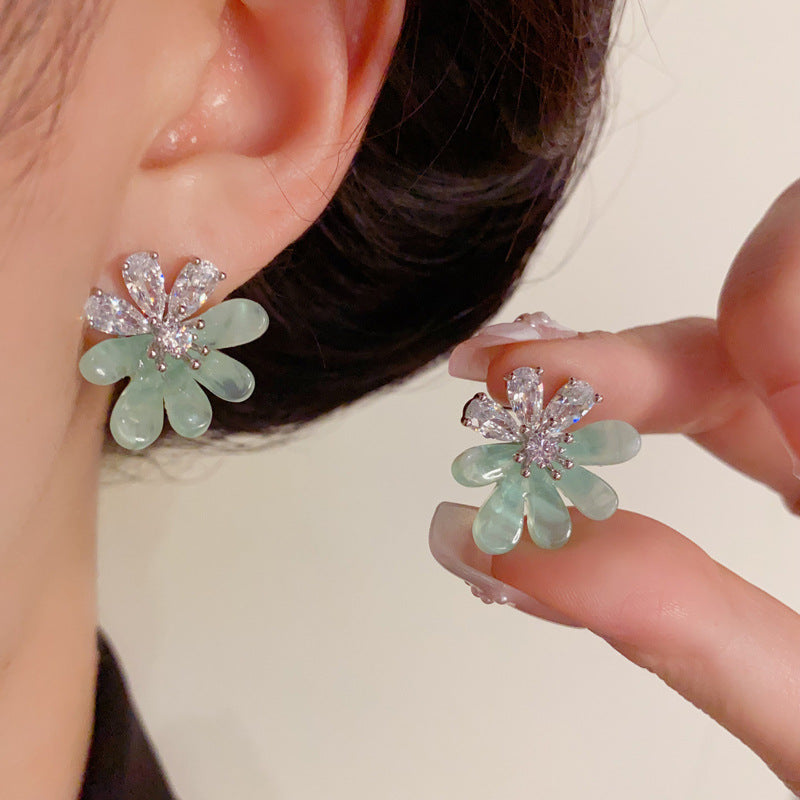 Luxury Zircon Green Petal Stud Sliver Earrings – Elegant Flower Design