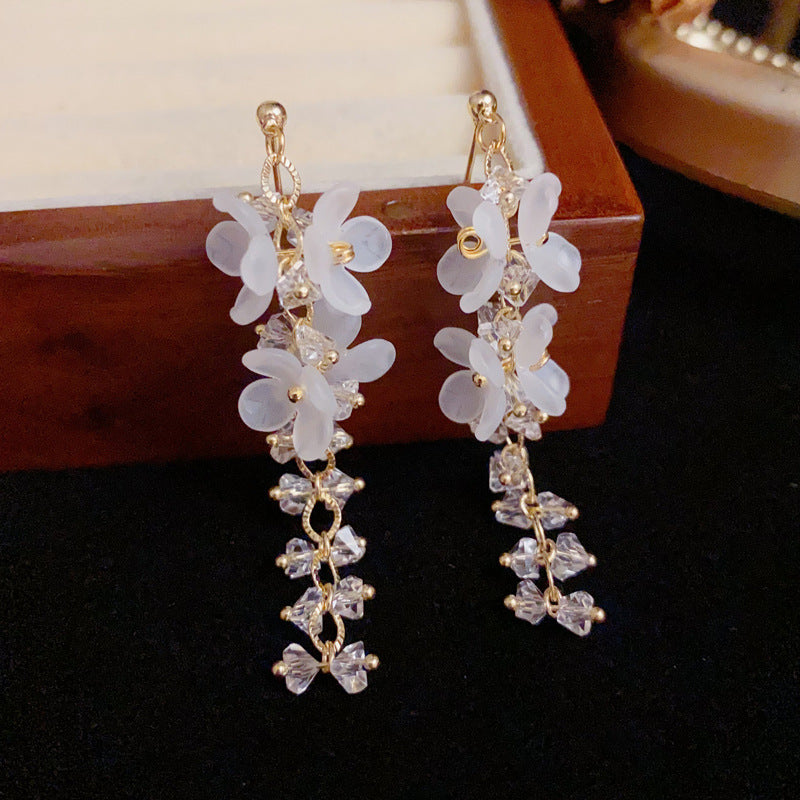 Luxury White Petal & Zircon Tassel Drop Earrings – S925 Silver Needle