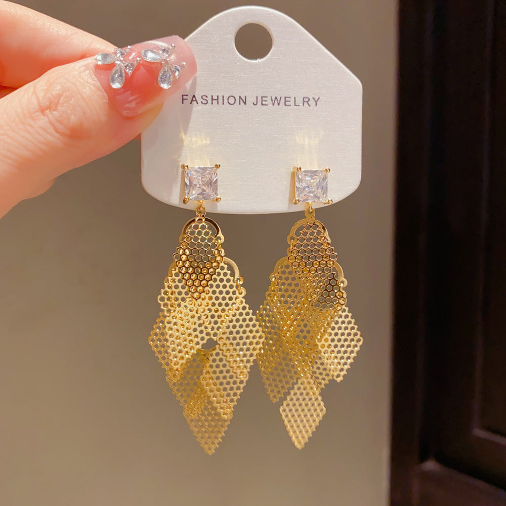 Eaioncol Openwork Rhombus Tassel Drop Earrings 14K Gold Plated