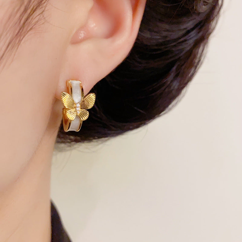 14K Gold-Plated Enamel Butterfly Hoop Earrings – Chic & Unique Design