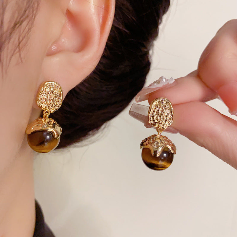 14K Gold-Plated Tiger's Eye Stud Earrings - Minimalist Luxury