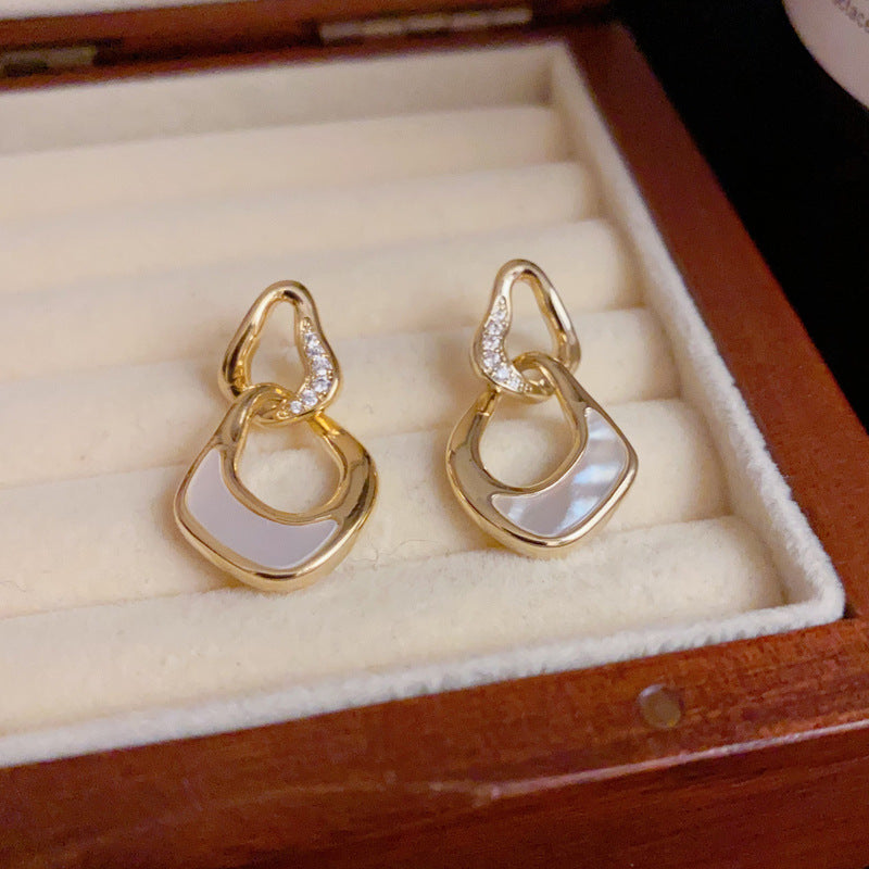 14K Gold-Plated Double Hoop Geometric Shell Earrings – Elegant Design