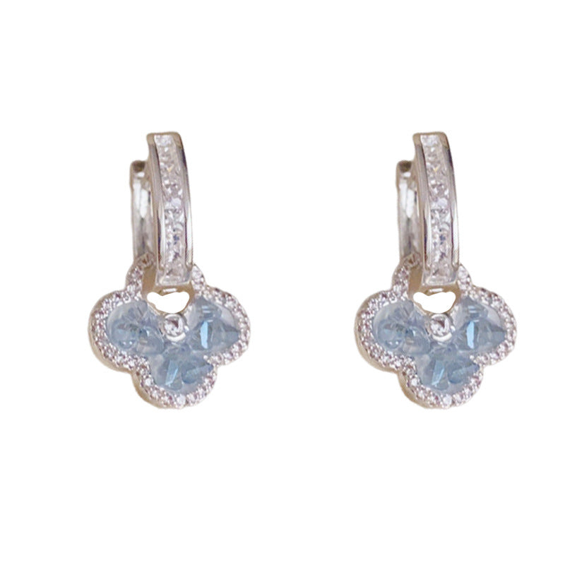 14K Gold Crystal Four-Leaf Flower Earrings – Elegant Sweet Design