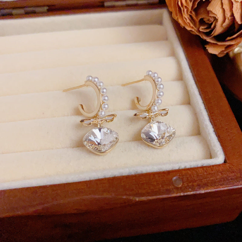 Luxury Bow Square Zircon & Pearl Drop Gold Earrings – Silver Needle