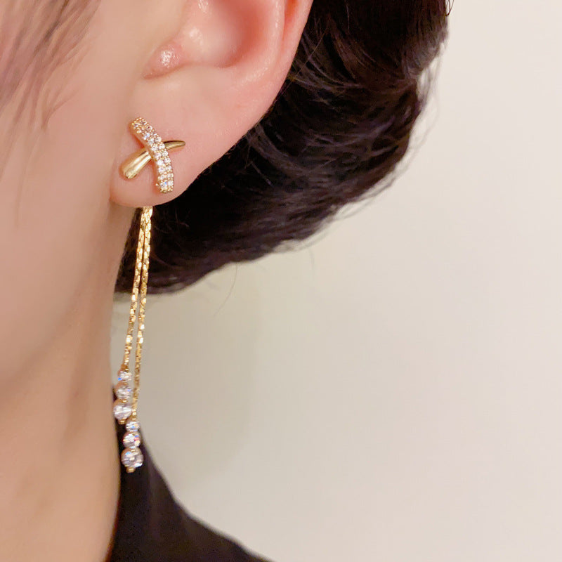 14K Gold-Plated Zircon Cross Dual-Wear Tassel Earrings –Elegant Design