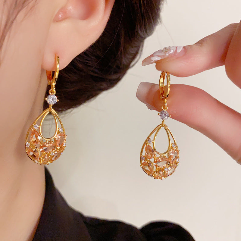 14K Gold-Plated Full Diamond Waterdrop Earrings - Elegant Drop Design