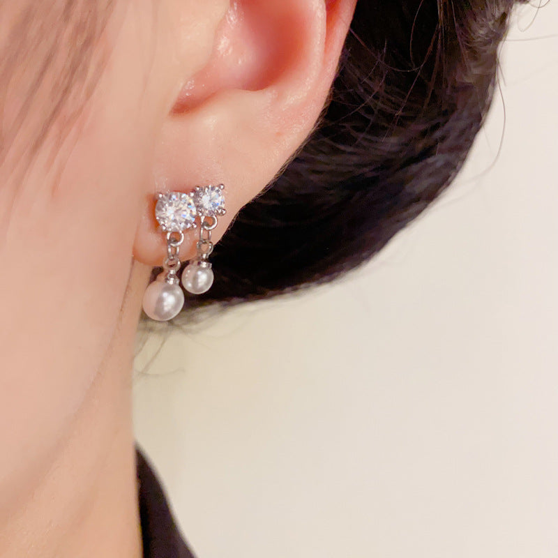 Luxury Zircon Bow & Pearl Tassel Drop Earrings – Elegant Design