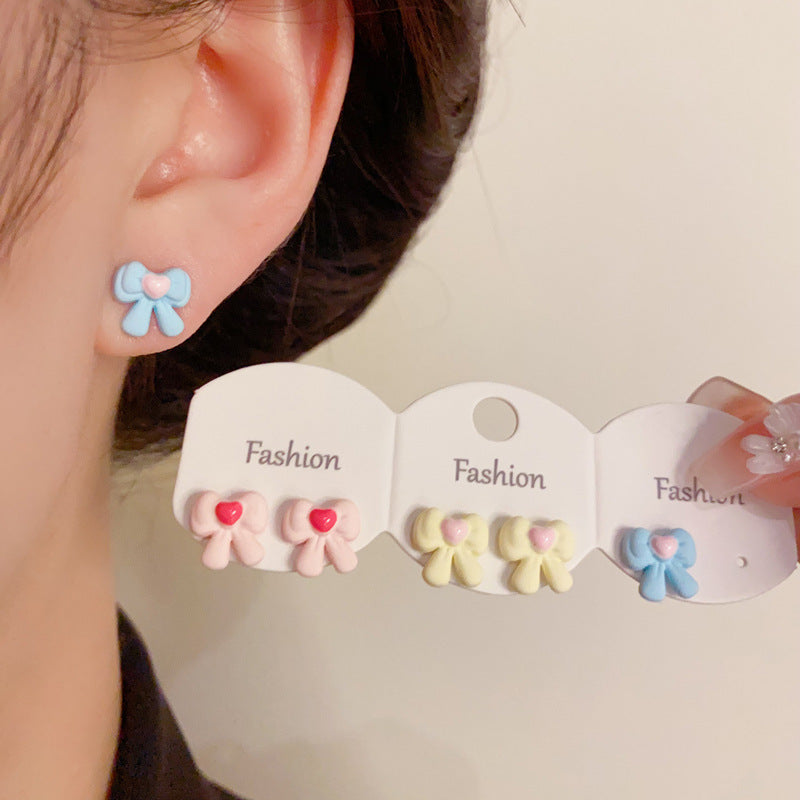 Colorful Bowknot & Heart Bow Set Earrings - Cute Chic Design