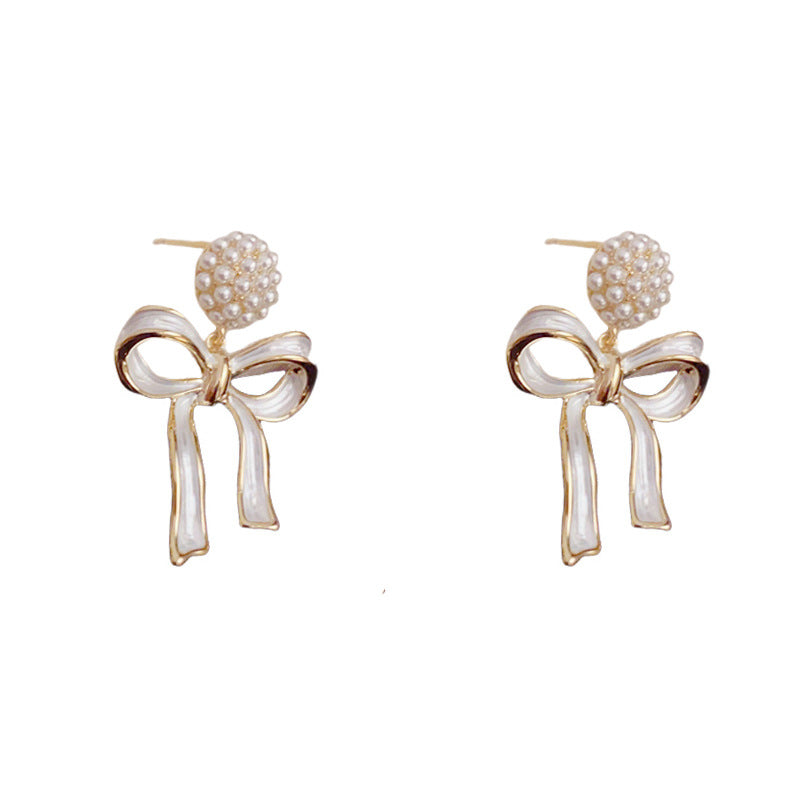 Luxury Pearl Sphere & Bow Ribbon Drop Gold Earrings – Elegant Design