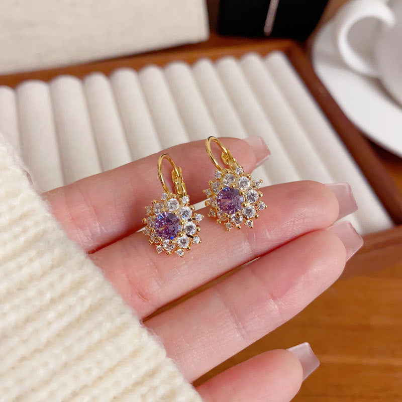 Elegant Zircon Purple Petal Hoop Earrings – Minimalist Floral Design
