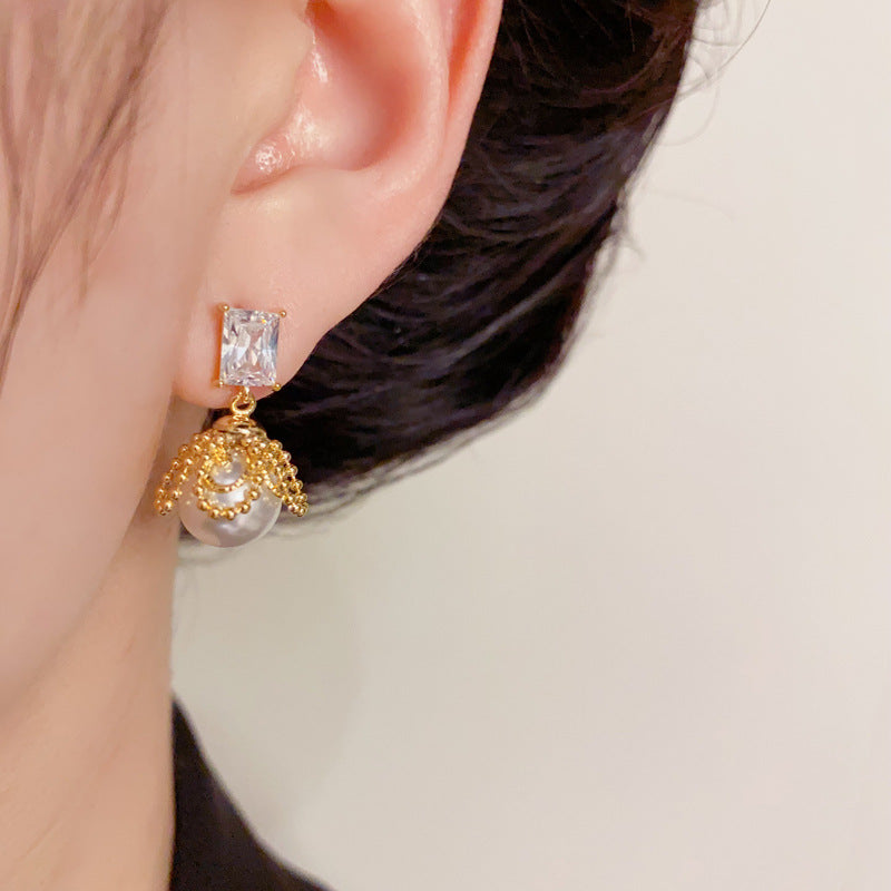 14K Gold Square Zircon & Pearl Petal Drop Earrings – Elegant Design