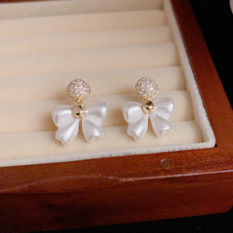 14K Gold Bow & Rhinestone Circle Drop Earrings – Elegant Chic Design