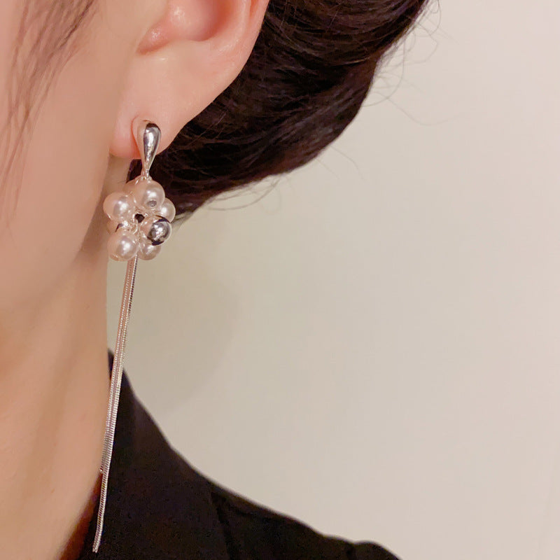 Luxury Silver Teardrop Pearl Tassel Drop Earrings – Elegant Design