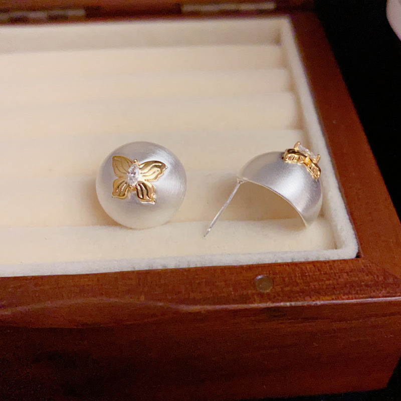 14K Gold-Plated Round Butterfly Stud Earrings - Elegant Minimalist