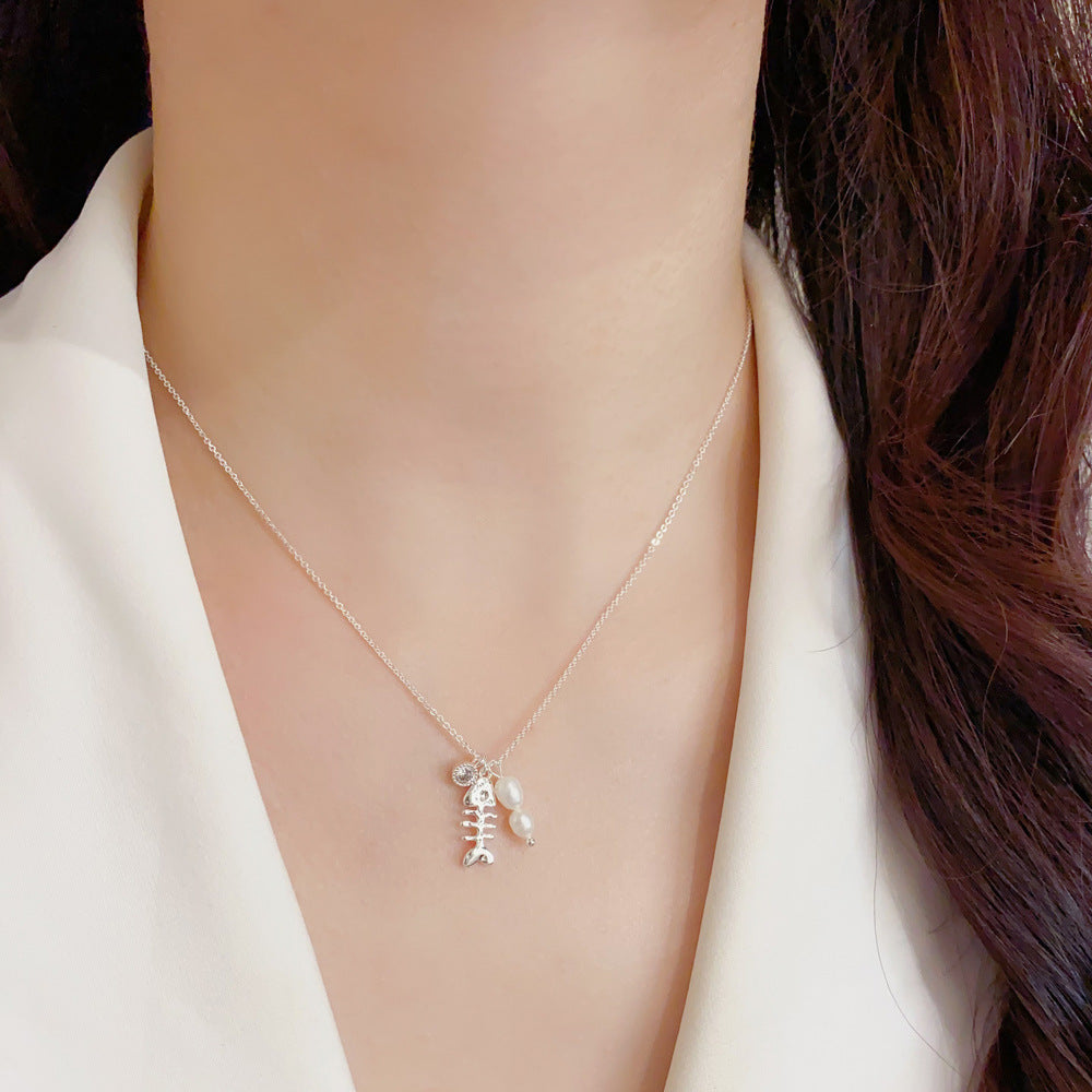 Eaioncol Fishbone Pearl Necklace 14K Gold & Silver Plated