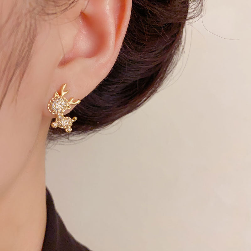 Luxury Full-Zircon Christmas Reindeer Stud Earrings – Animal Design
