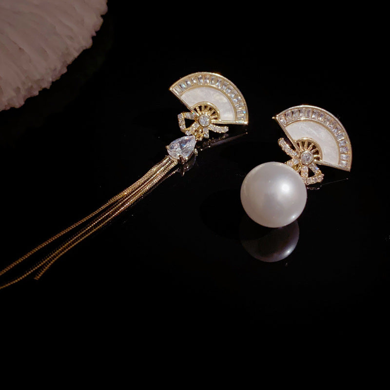 14K Gold-Plated Asymmetric Fan Pearl Tassel Earrings – French Design