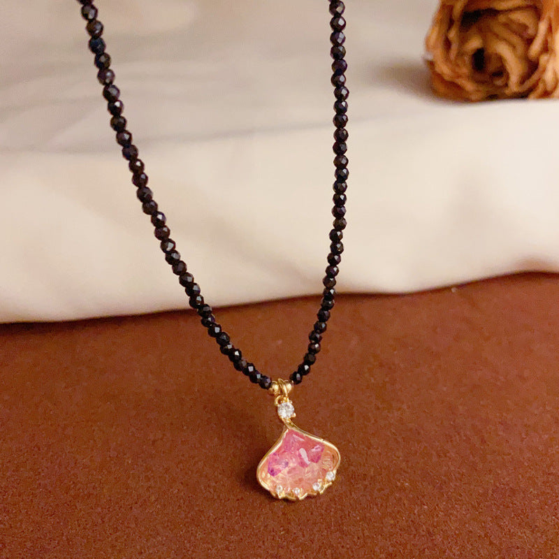 14K Gold Fan Crystal Pendant Necklace – Elegant Black Crystal Design