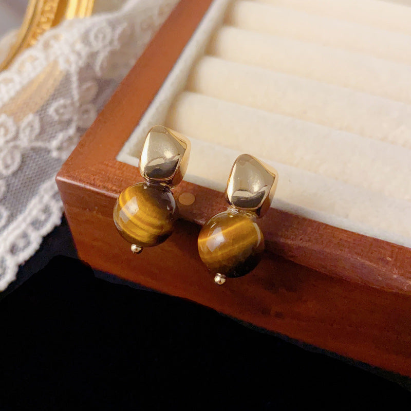Luxury Square Tiger’s Eye Stud Earrings – Retro Geometric Design