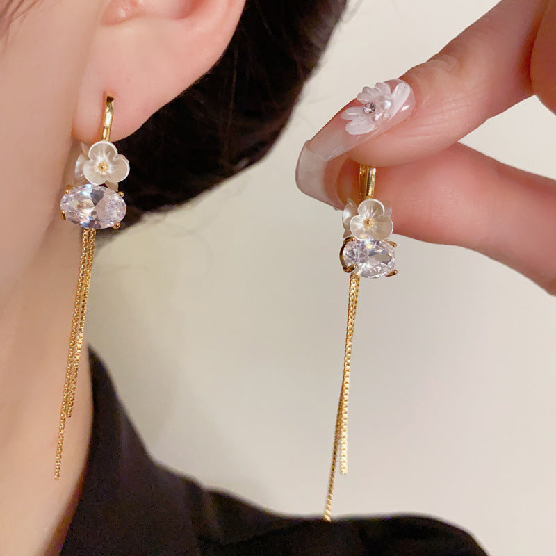 14K Gold-Plated Flower Zircon Long Tassel Ear Cuff - Elegant Design