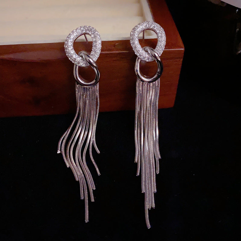 14K Gold-Plated Zircon Hoop Tassel Drop Earrings - Elegant Statement