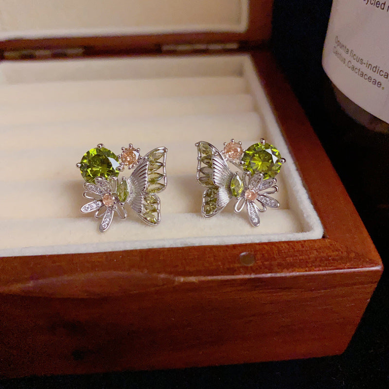 14K Gold Green Rhinestone Butterfly Stud Earrings – Minimalist Style