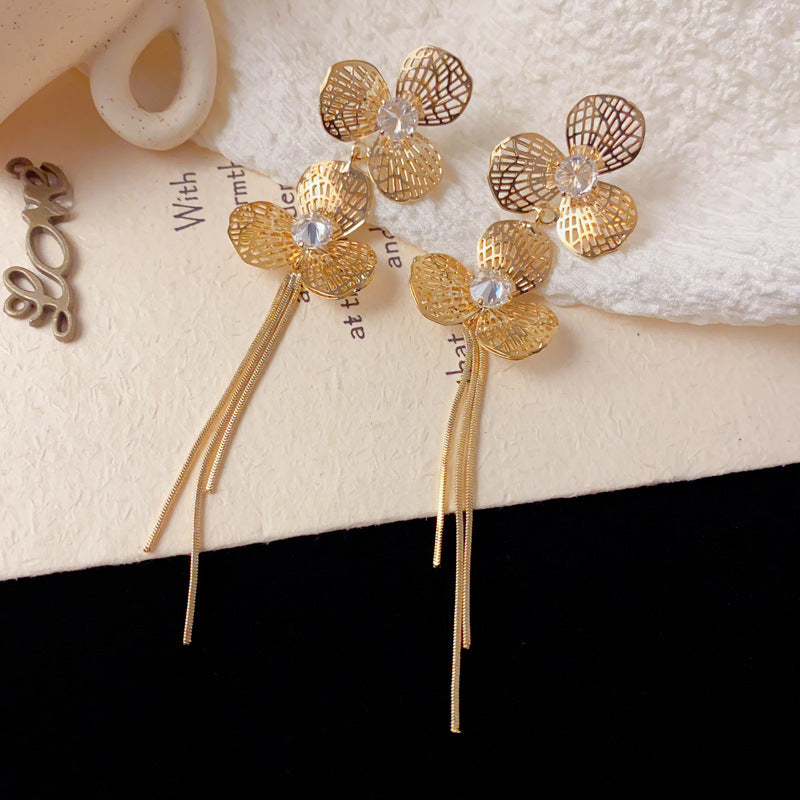 Elegant Hollow Metal Petal Long Tassel Drop Earrings – Floral Design