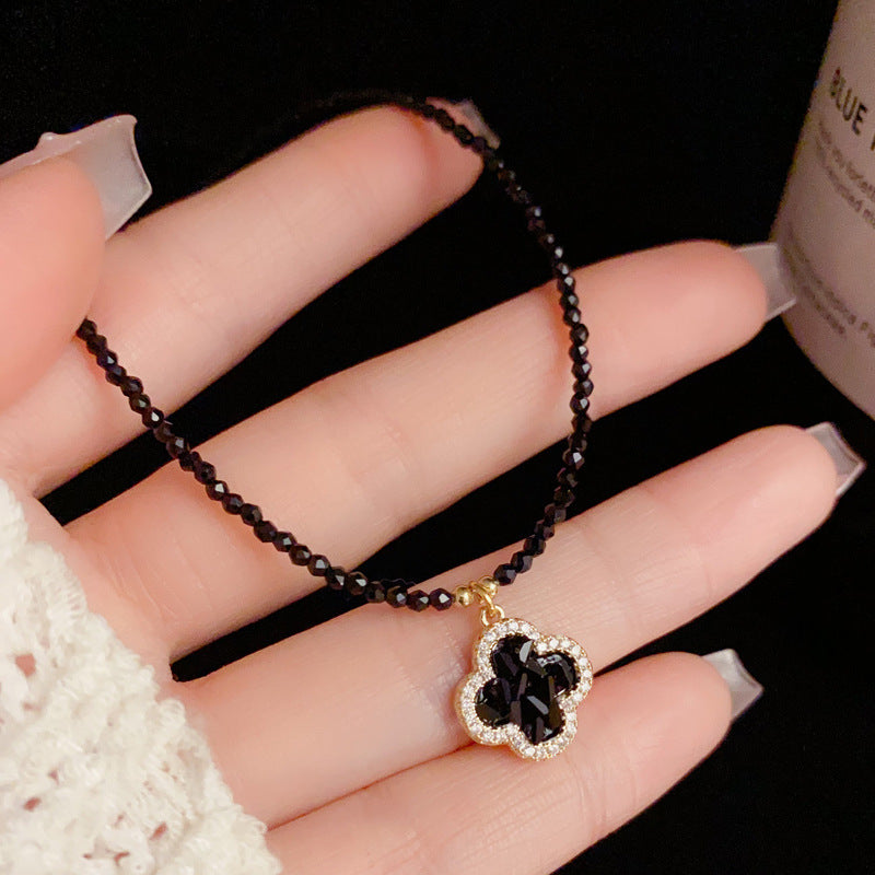 Purple Crystal Clover Black Crystal Necklace - Chic Design