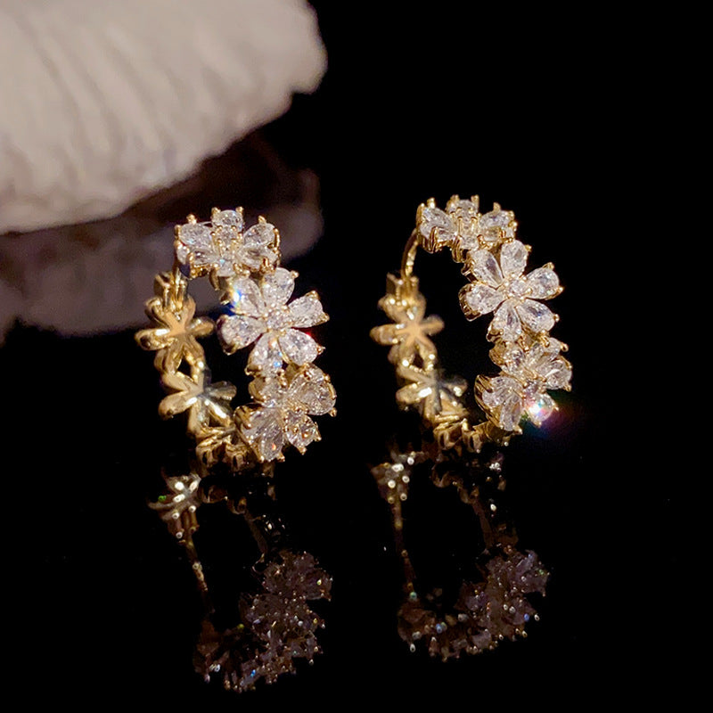 14K Gold Plated Vintage Inspired Zircon Flower Clip-On Earrings - Luxe Geometric Design