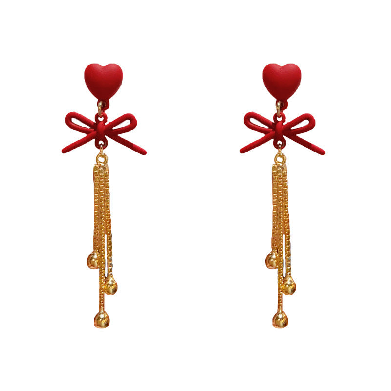 14K Gold-Plated Red Heart Bow Tassel Drop Earrings - Chic Design