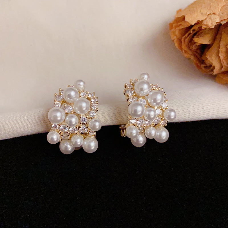 14K Gold Luxury Zircon & Pearl C-Shaped Hoop Earrings – Elegant Design