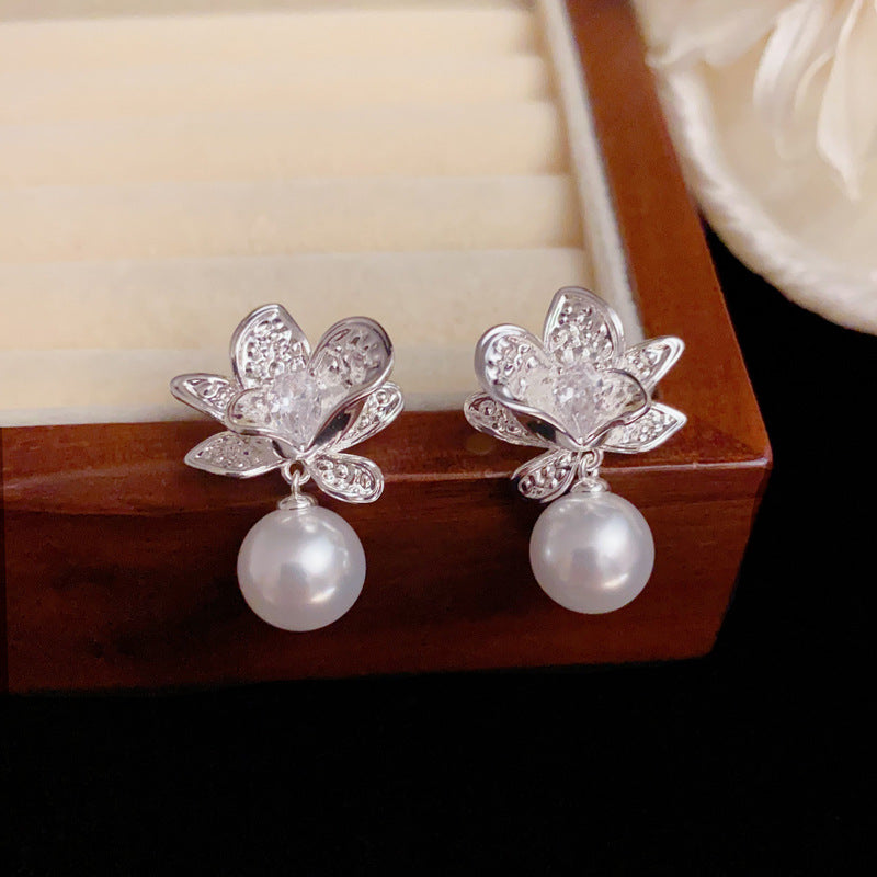 Elegant Silver Metal Petal & Pearl Drop Earrings – Floral Design