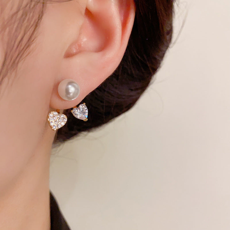 14K Gold-Plated Zircon Pearl Heart Stud Earrings - Elegant Chic Design