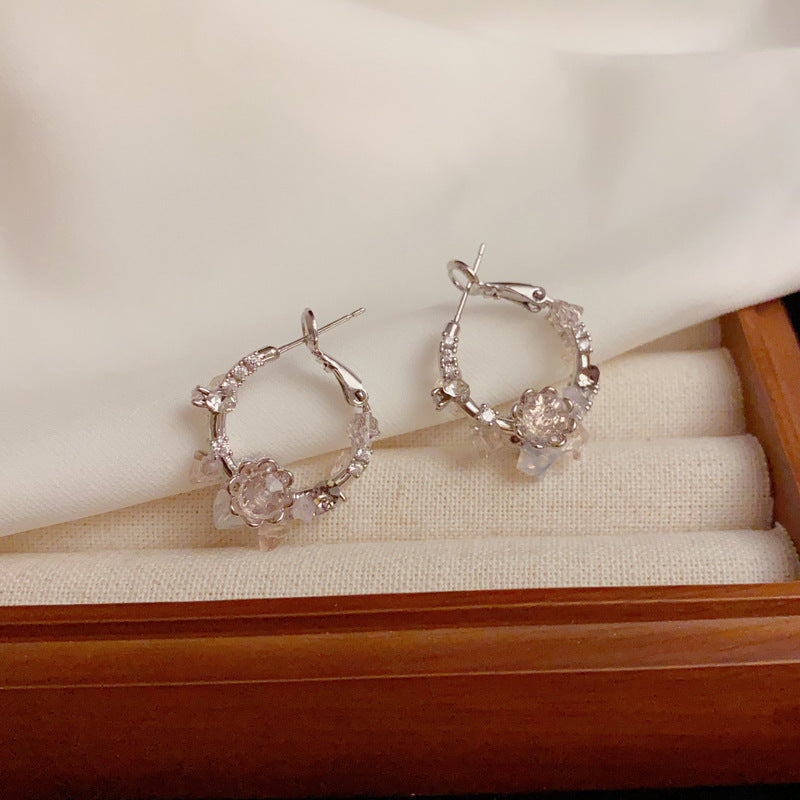 Vintage Double-Sided Cherry Blossom Pink Rhinestone Hoop Earrings