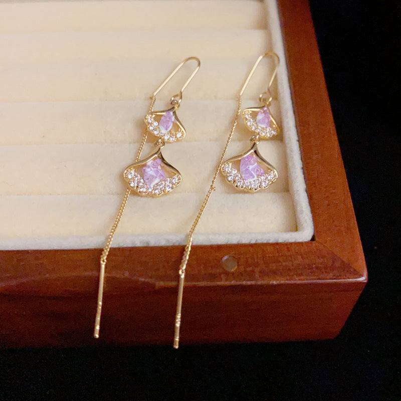 14K Gold Purple Ginkgo Leaf Tassel Earrings - Chic Elegance Design