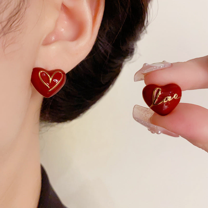Elegant Red Letter Asymmetric Heart Stud Earrings – Geometric Design