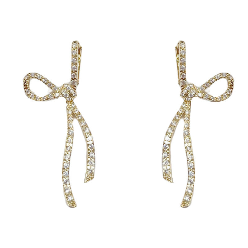 14K Gold-Plated Full-Diamond Bow Long Drop Earrings - Elegant Design
