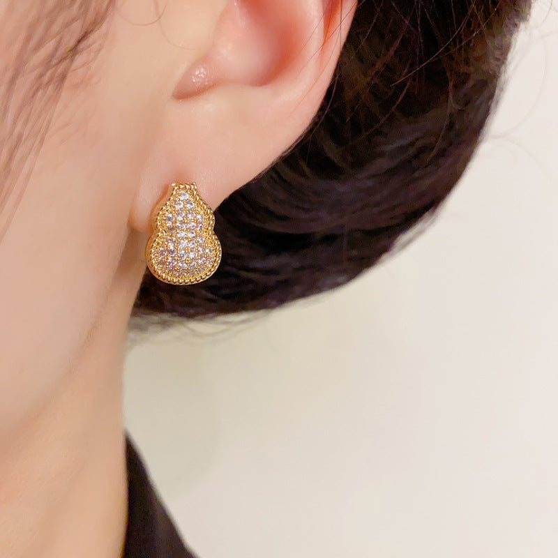 14K Gold-Plated Luxury Full-Zircon Gourd Stud Earrings – Floral Design