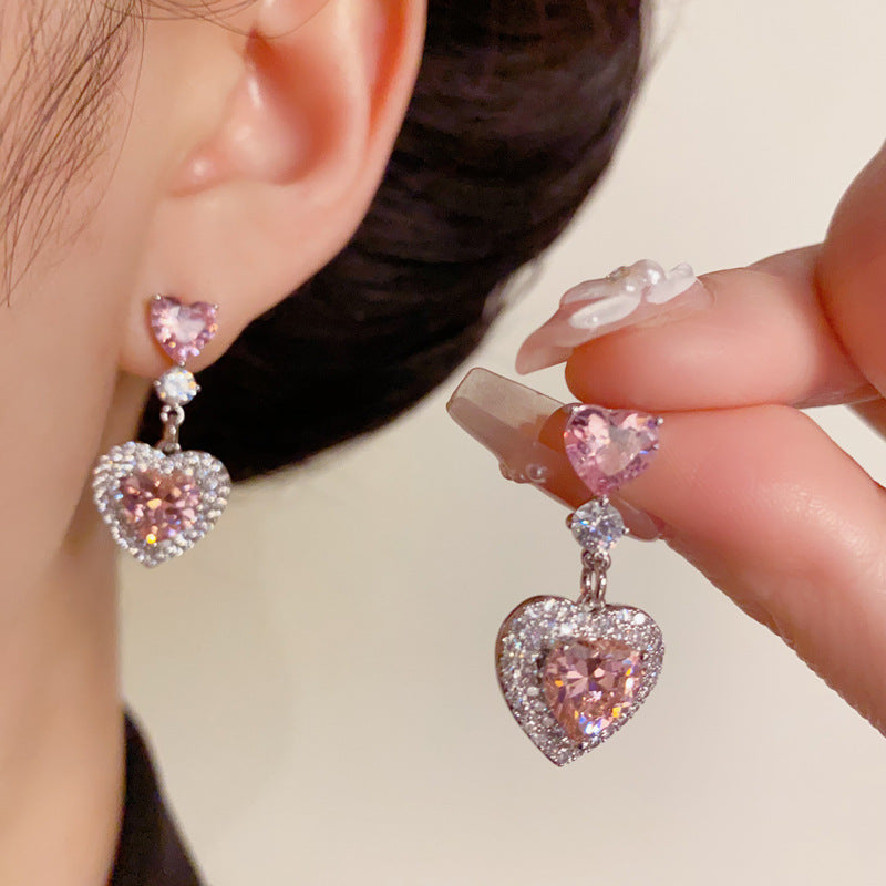 14K Gold Full Zircon Heart Tassel Earrings – Sparkling Elegant Style