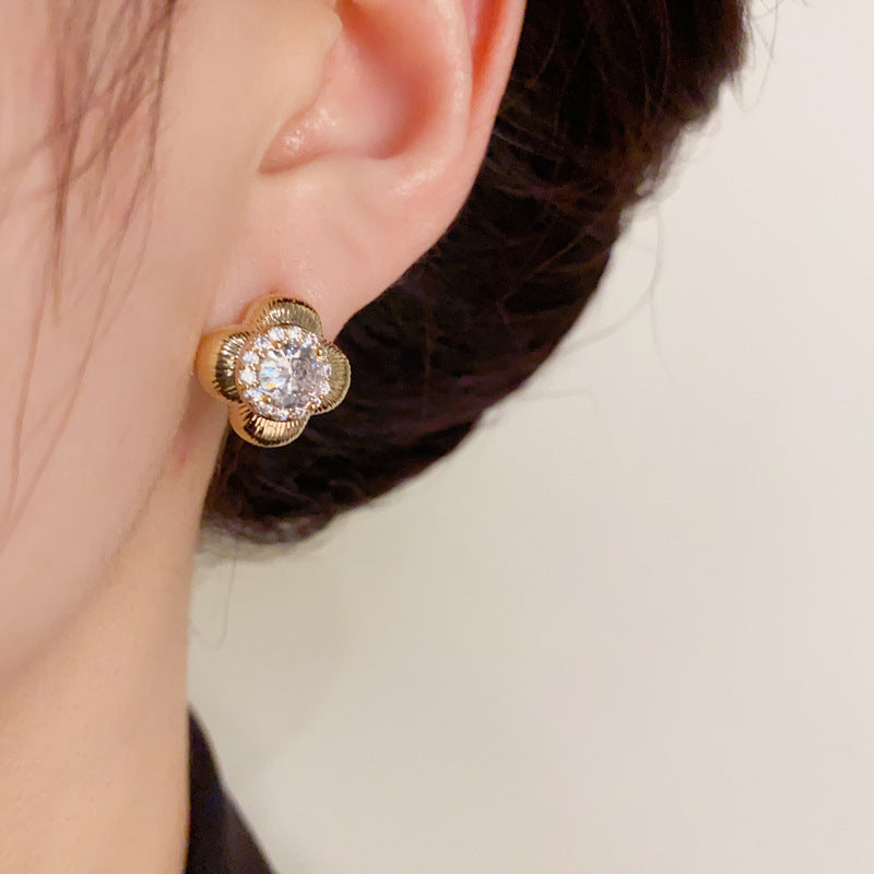 14K Gold-Plated Diamond-Encrusted 4-Leaf Stud Earrings- Elegant Design