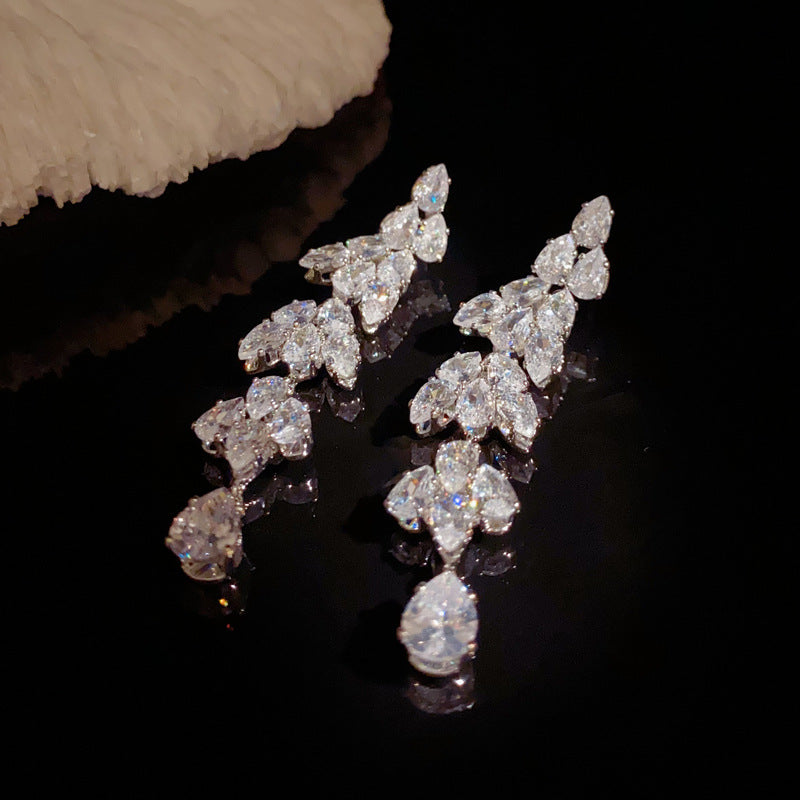 14K Gold Full Zircon Leaf Long Tassel Earrings - Chic Elegance Design