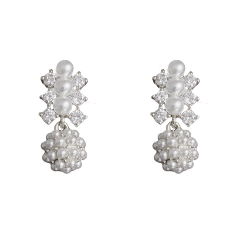 14K Gold Minimalist Zircon & Pearl Ball Stud Earrings – Elegant Design