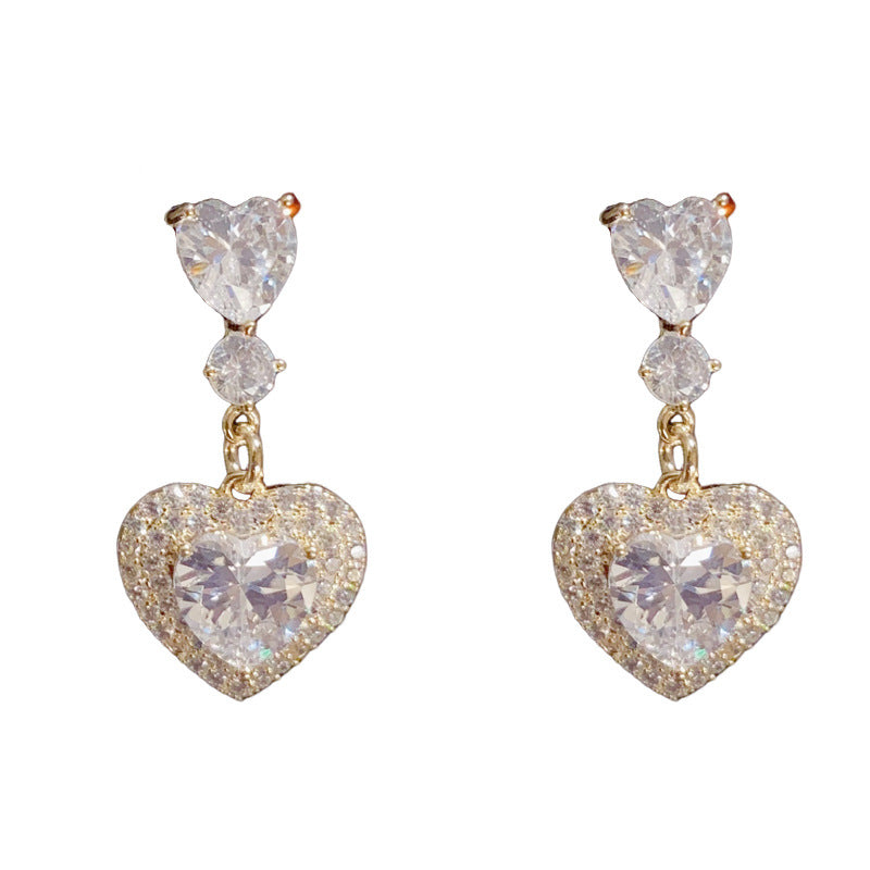 14K Gold Full Zircon Heart Tassel Earrings – Sparkling Elegant Style