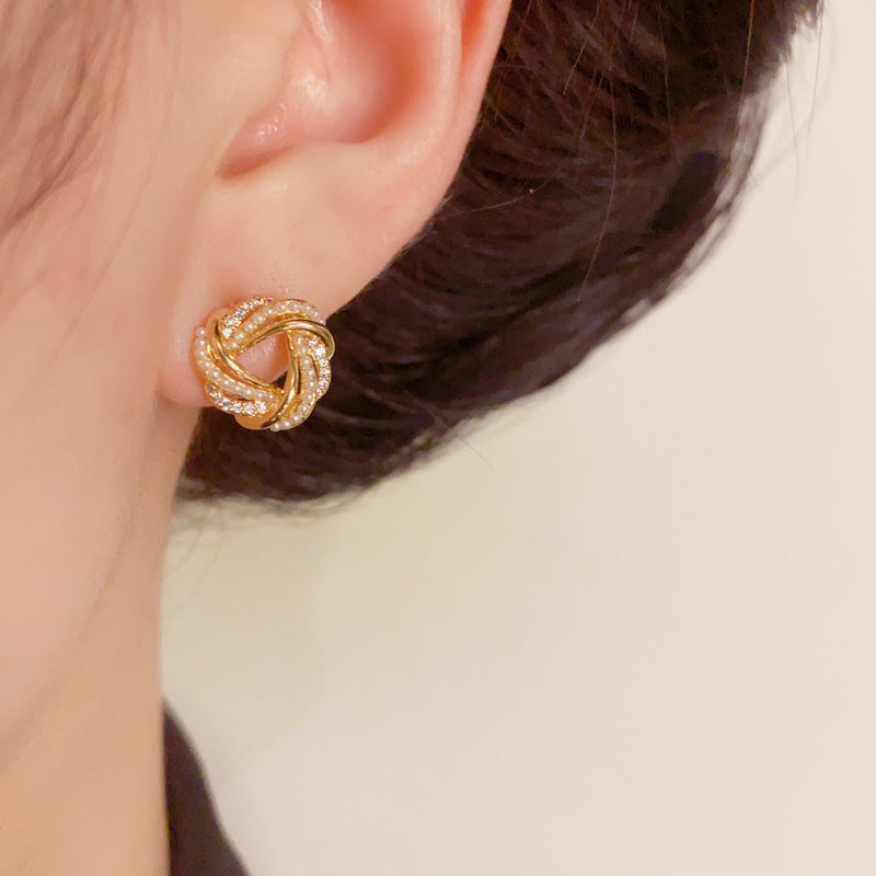 14K Gold Zircon & Pearl Wrapped Triangle Earrings – Geometric Design