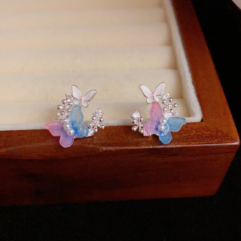 S925 Silver Iridescent Butterfly Stud Earrings – Elegant Design