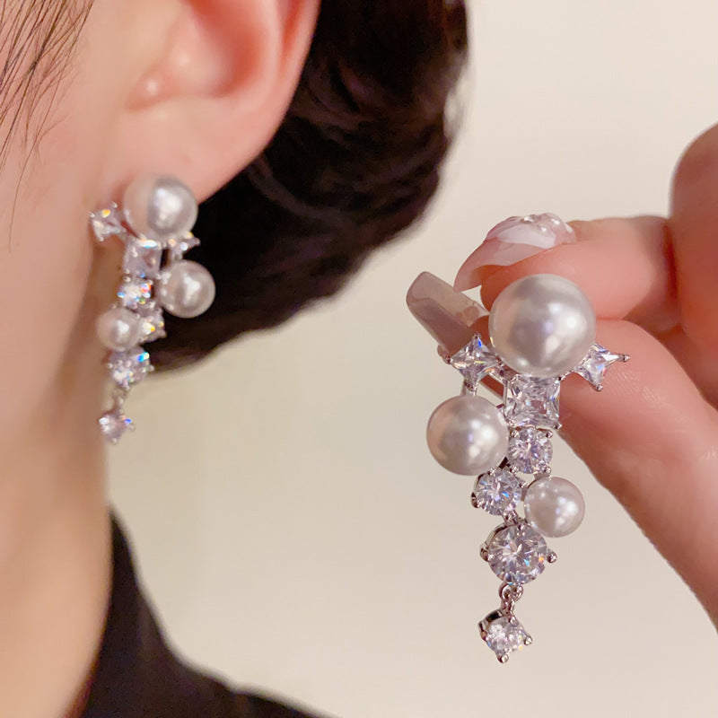 14K Gold-Plated Zircon Pearl Tassel Earrings – Bold Geometric Design